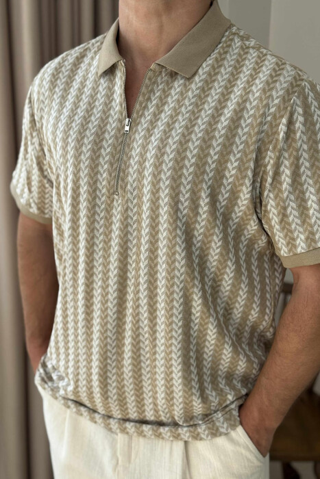 POLO NECK ZIPPER DESIGNED MEN T-SHIRT BEIGE/BEZHE - 3