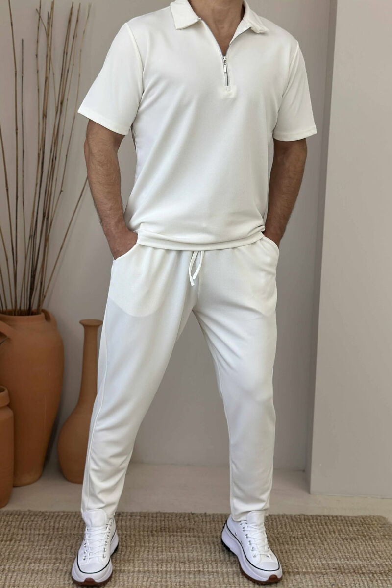 POLO NECK ZIPPERED T-SHIRT+SWEATPANTS MEN SET CREAM/KREM - 1