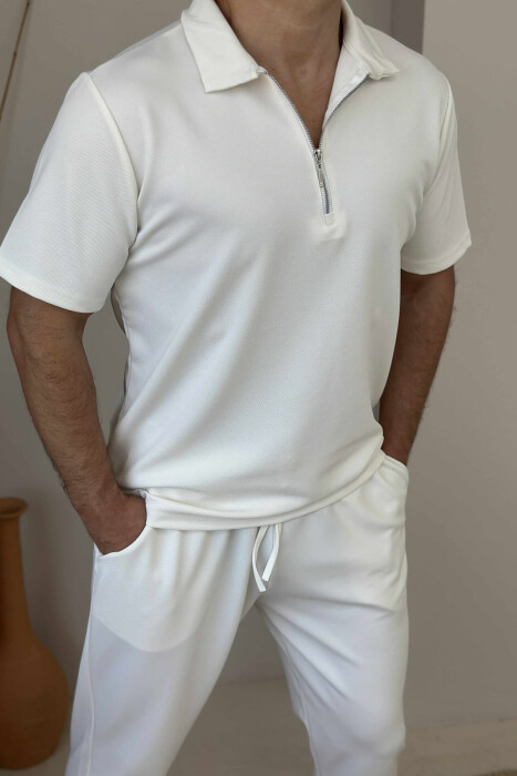 POLO NECK ZIPPERED T-SHIRT+SWEATPANTS MEN SET CREAM/KREM - 2
