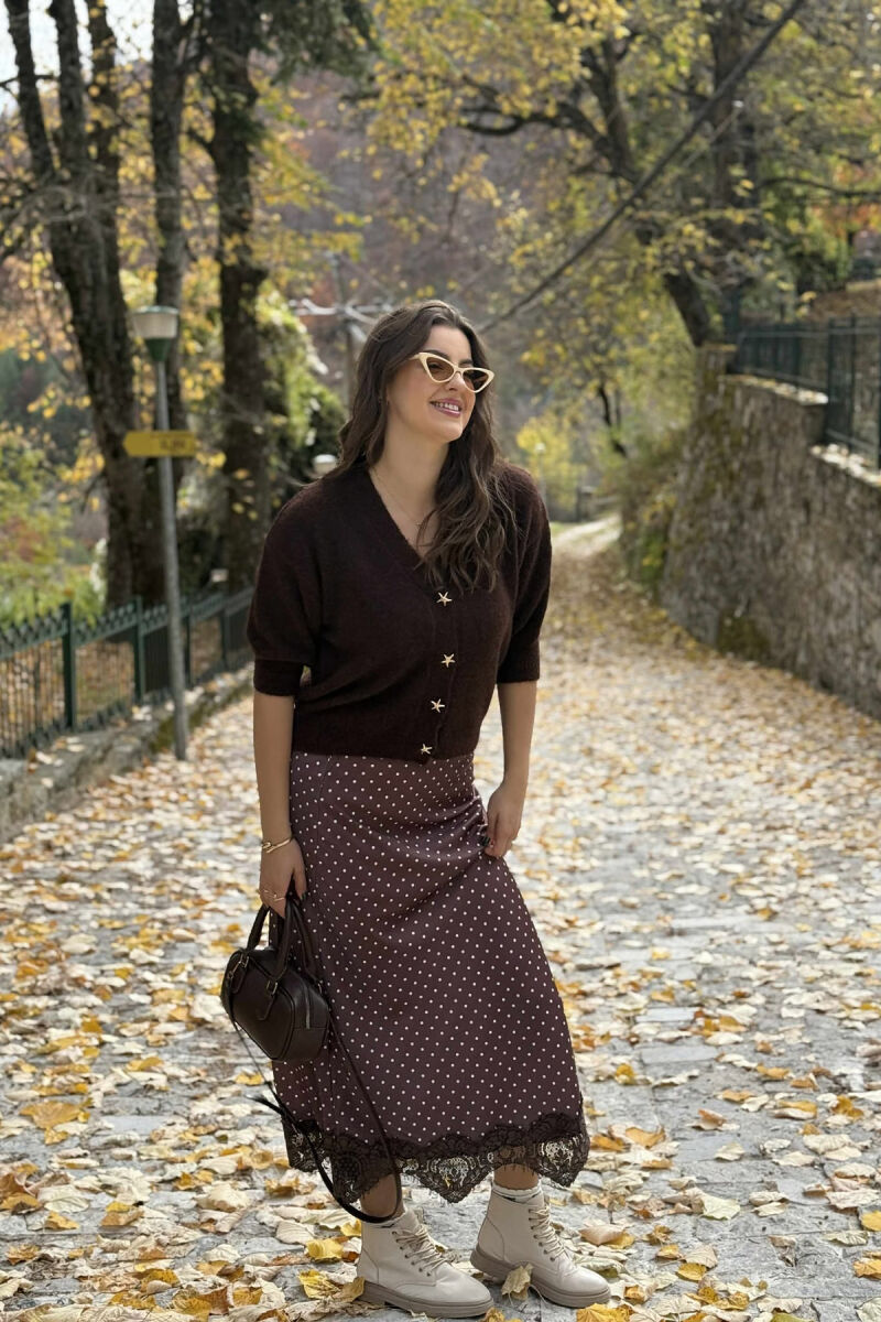 PULOVËR ME MËNGË TË SHKURTRA DHE KOPSA ME DETAJIN E YLLIT TË DETIT PËR FEMRA NË NGJYRË KAFE TË ERRËT - 2