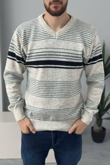 PULOVËR ME VIJA PËR MESHKUJ NË NGJYRËN GRI E ZBARDHUR - 2