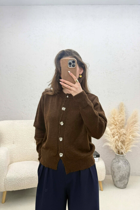 ONE COLOR KNITTED BUTTONED WOMEN CARDIGAN BROWN/KAFE - KLAUDIO FASHION