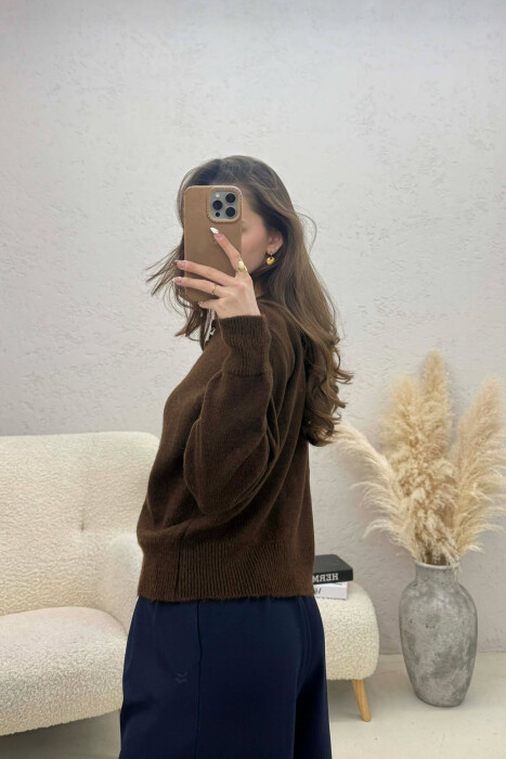 ONE COLOR KNITTED BUTTONED WOMEN CARDIGAN BROWN/KAFE - 2