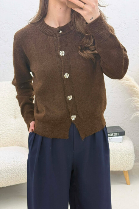 ONE COLOR KNITTED BUTTONED WOMEN CARDIGAN BROWN/KAFE - 4