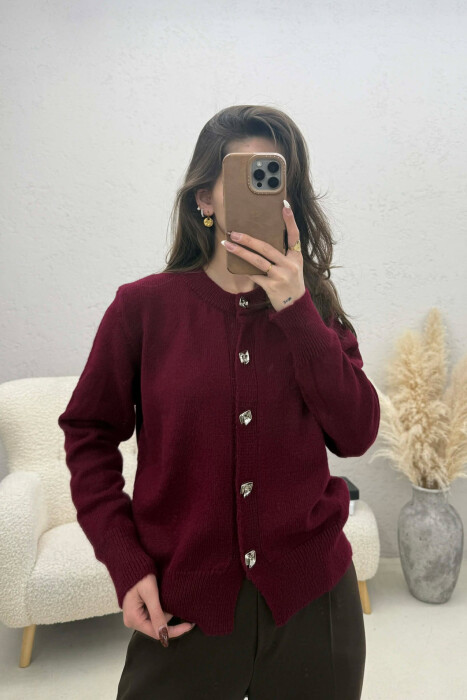 ONE COLOR KNITTED BUTTONED WOMEN CARDIGAN BURGUNDY/VISHNJE - KLAUDIO FASHION