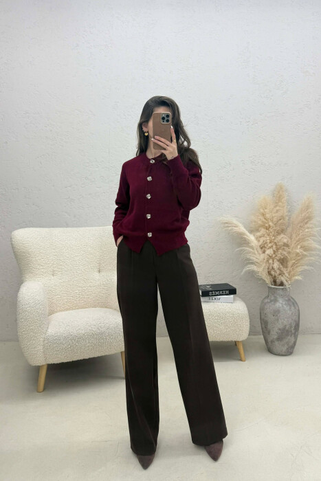 ONE COLOR KNITTED BUTTONED WOMEN CARDIGAN BURGUNDY/VISHNJE - 3