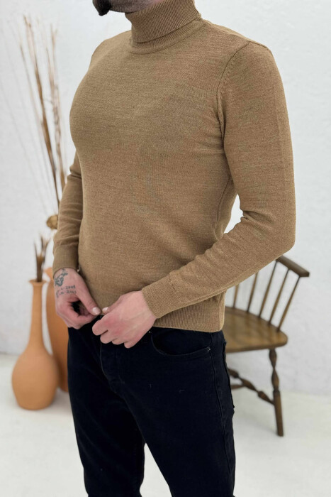 PULOVËR NJË NGJYRËSHE ME JAKË GOLF PËR MESHKUJ NË NGJYRË KAFE - 4