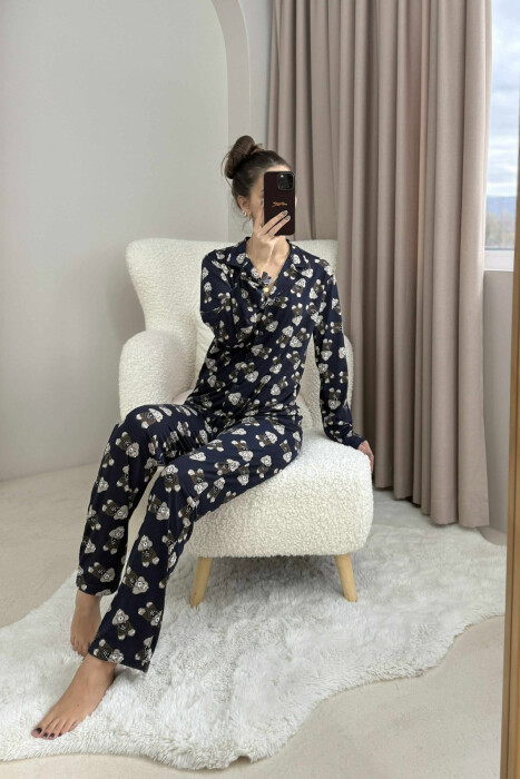 PUPPY DESIGN SHIRT+TROUSERS WOMEN PYJAMAS DARK BLUE/BEE - 1