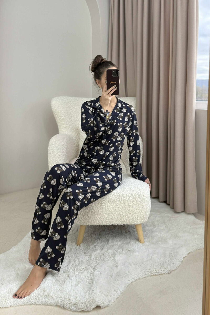 PUPPY DESIGN SHIRT+TROUSERS WOMEN PYJAMAS DARK BLUE/BEE - 1