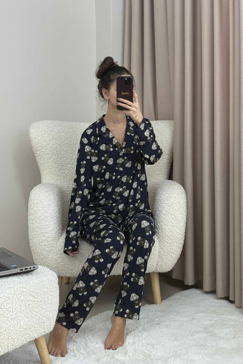 PUPPY DESIGN SHIRT+TROUSERS WOMEN PYJAMAS DARK BLUE/BEE - 2