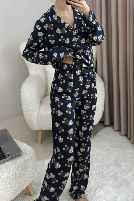 PUPPY DESIGN SHIRT+TROUSERS WOMEN PYJAMAS DARK BLUE/BEE - 4