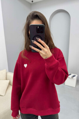 ROUND NECK HEART DETAIL WOMEN SWEATSHIRT BURGUNDY/VISHNJE 