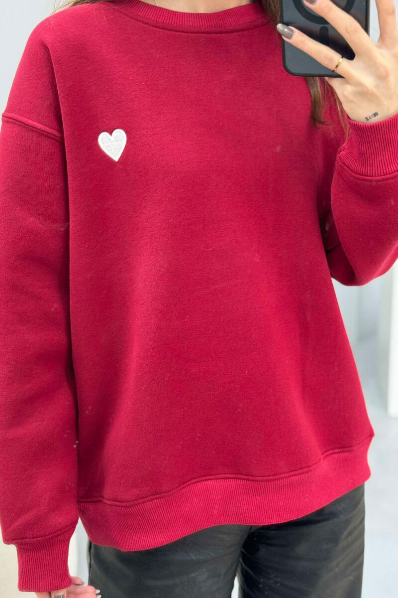 ROUND NECK HEART DETAIL WOMEN SWEATSHIRT BURGUNDY/VISHNJE - 2