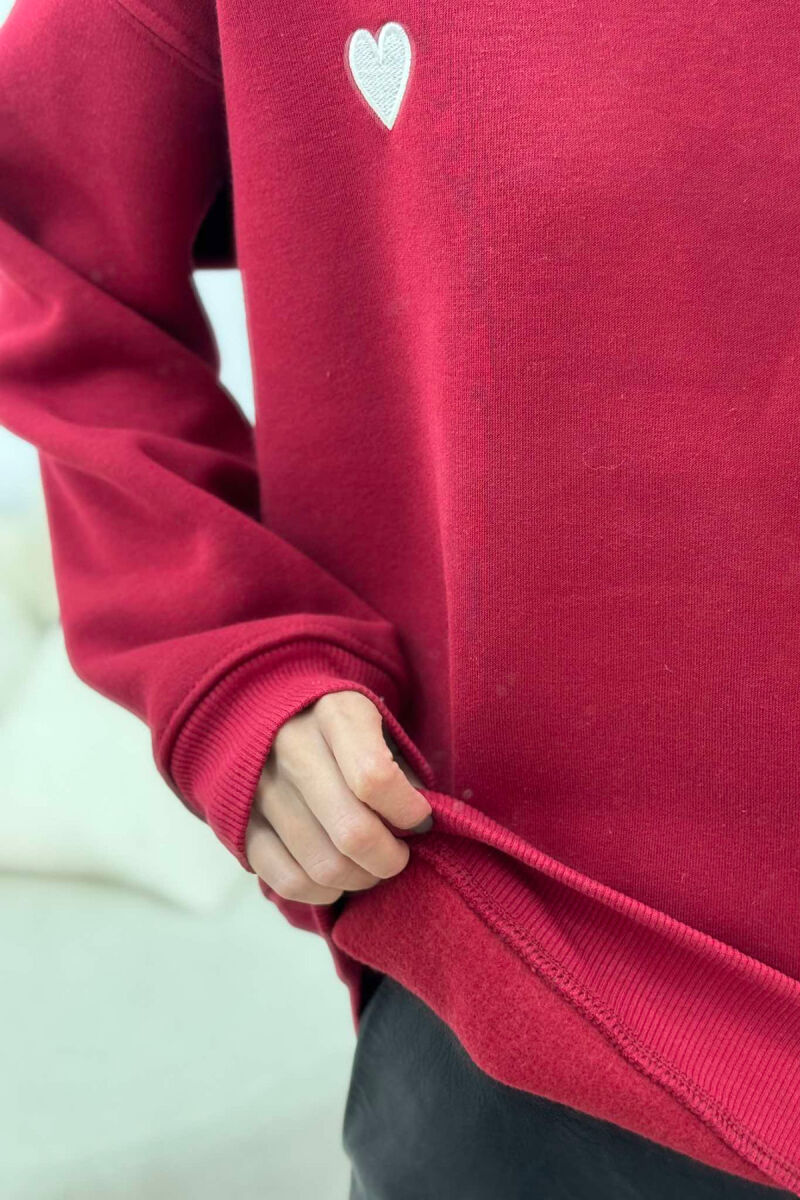 ROUND NECK HEART DETAIL WOMEN SWEATSHIRT BURGUNDY/VISHNJE - 3