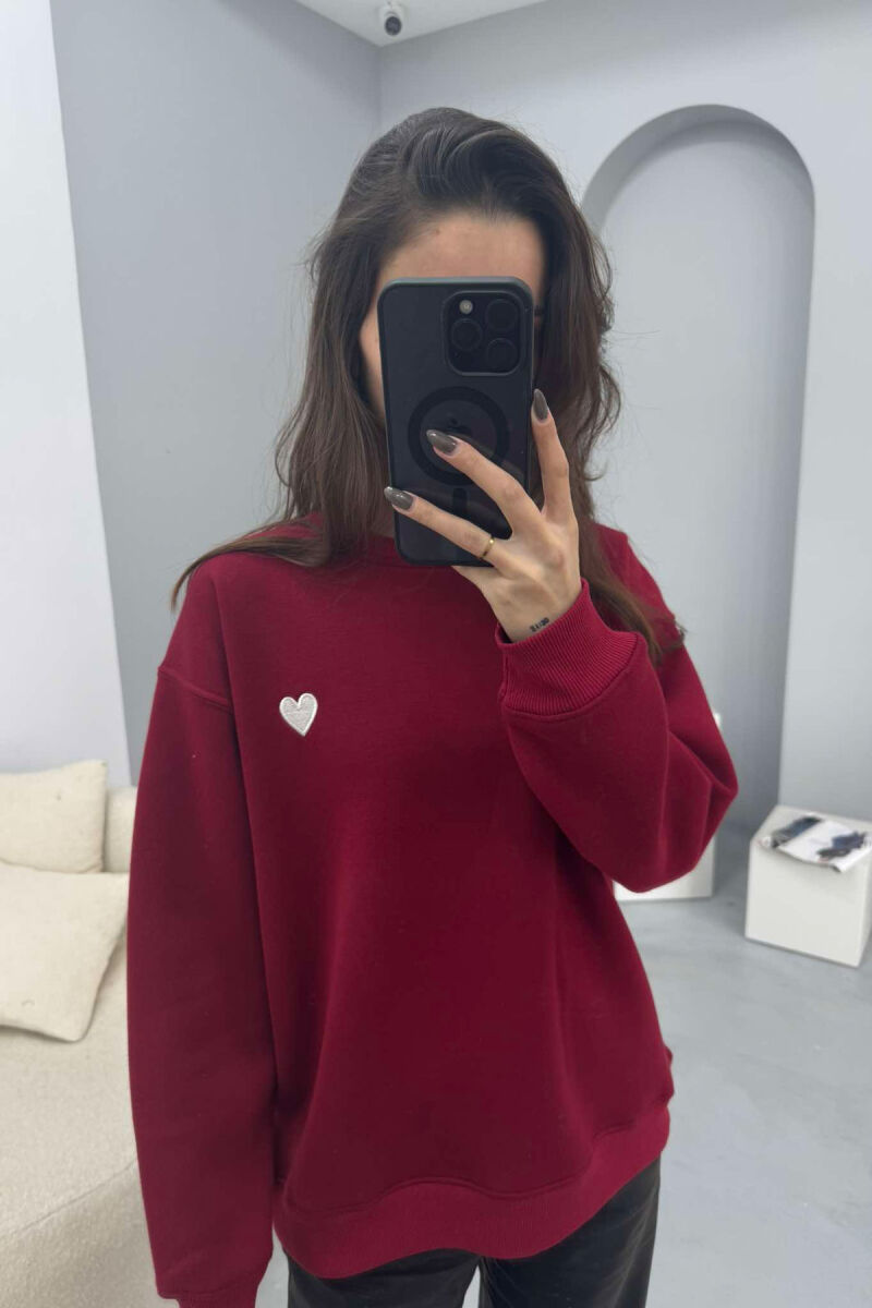 ROUND NECK HEART DETAIL WOMEN SWEATSHIRT BURGUNDY/VISHNJE - 5