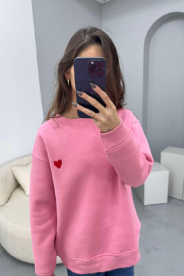 ROUND NECK HEART DETAIL WOMEN SWEATSHIRT PINK/ROZE 