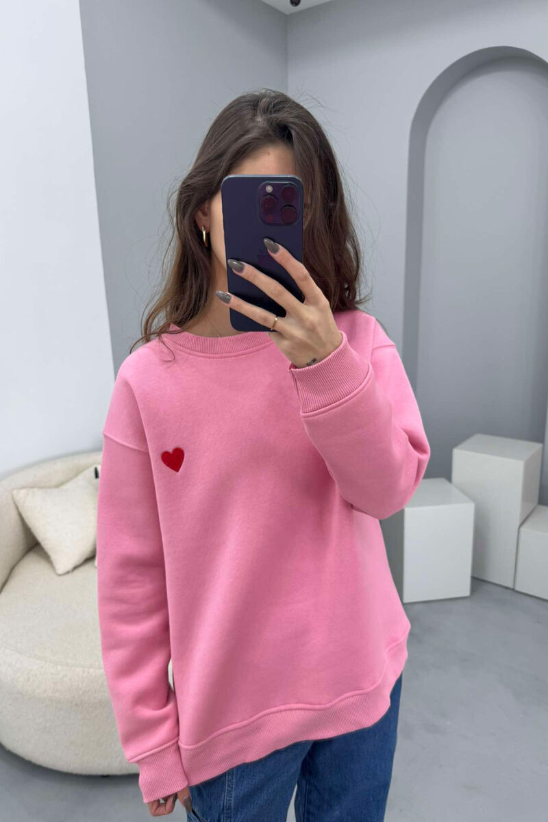 ROUND NECK HEART DETAIL WOMEN SWEATSHIRT PINK/ROZE - 2