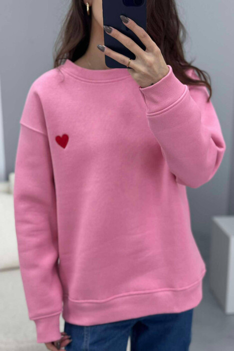 ROUND NECK HEART DETAIL WOMEN SWEATSHIRT PINK/ROZE - 3