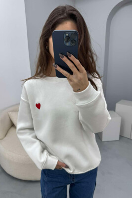 ROUND NECK HEART DETAIL WOMEN SWEATSHIRT WHITE-E BARDHE 