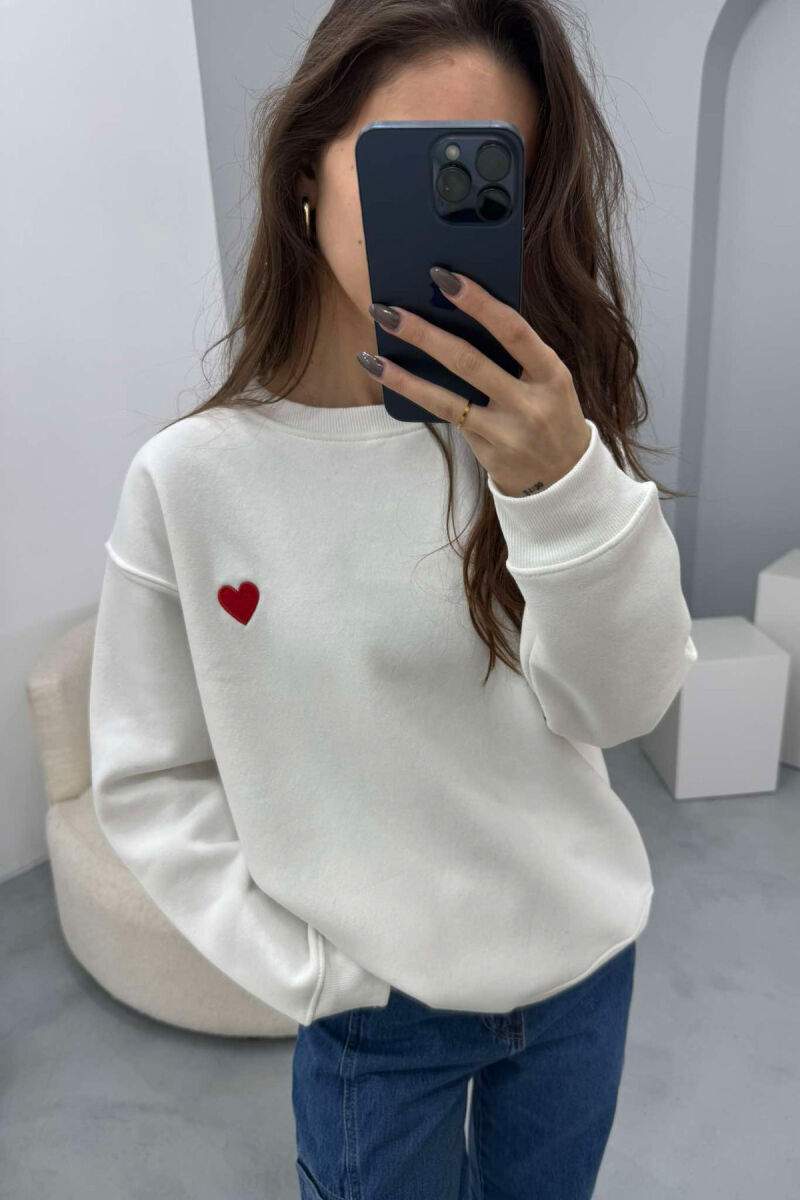 ROUND NECK HEART DETAIL WOMEN SWEATSHIRT WHITE-E BARDHE - 5