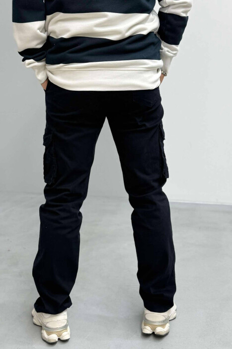 REGULAR ONE COLOR CARGO MEN PANTS IN DARK BLUE COLOR - 3