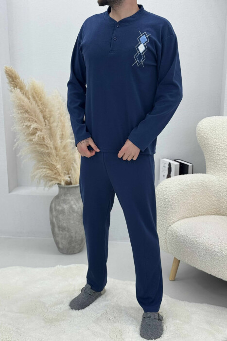RHOMBUS BUTTONED SWEATSHIRT+SWEATPANTS MEN PYJAMAS DARK BLUE/BEE - 1