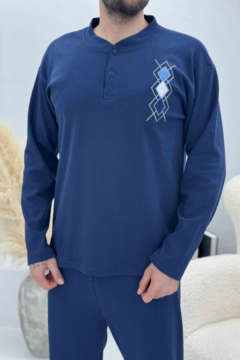 RHOMBUS BUTTONED SWEATSHIRT+SWEATPANTS MEN PYJAMAS DARK BLUE/BEE - 2
