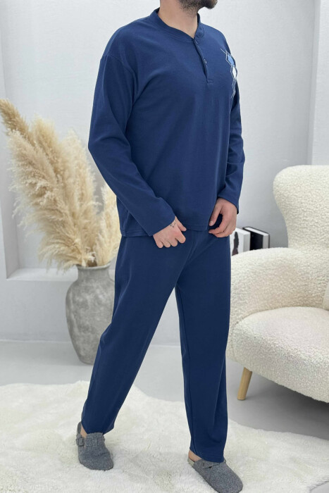 RHOMBUS BUTTONED SWEATSHIRT+SWEATPANTS MEN PYJAMAS DARK BLUE/BEE - 3
