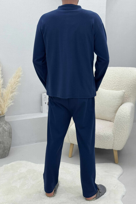 RHOMBUS BUTTONED SWEATSHIRT+SWEATPANTS MEN PYJAMAS DARK BLUE/BEE - 4
