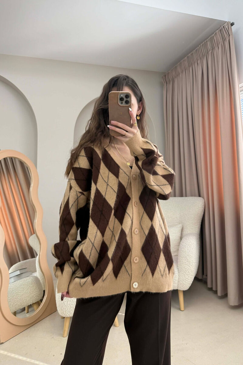 RHOMBUS DESIGN BUTTONED WOMEN CARDIGAN BROWN/KAFE - 3