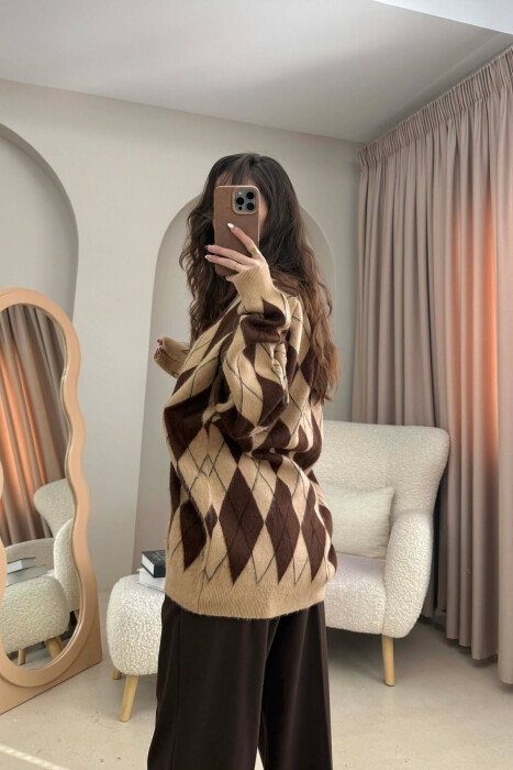 RHOMBUS DESIGN BUTTONED WOMEN CARDIGAN BROWN/KAFE - 5