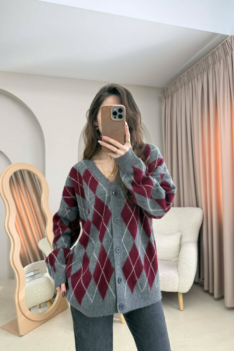 RHOMBUS DESIGN BUTTONED WOMEN CARDIGAN GREY/GRI - 1