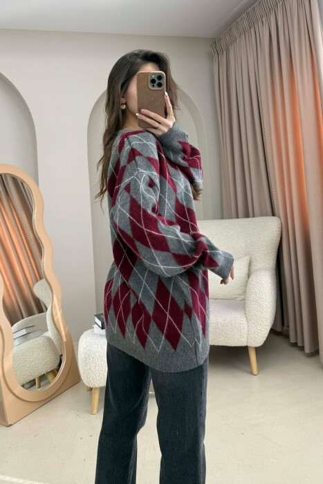 RHOMBUS DESIGN BUTTONED WOMEN CARDIGAN GREY/GRI - 2