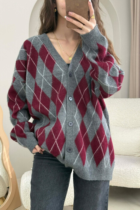 RHOMBUS DESIGN BUTTONED WOMEN CARDIGAN GREY/GRI - 3