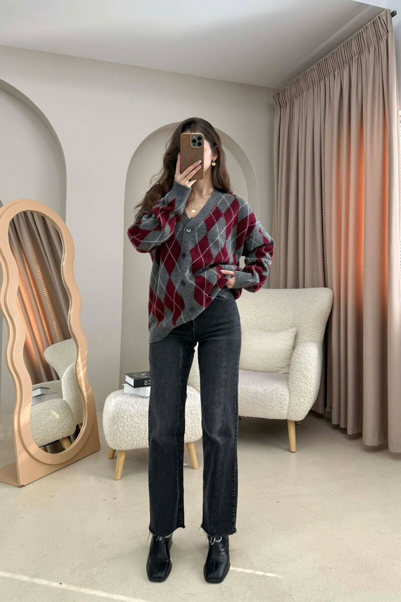 RHOMBUS DESIGN BUTTONED WOMEN CARDIGAN GREY/GRI - 4