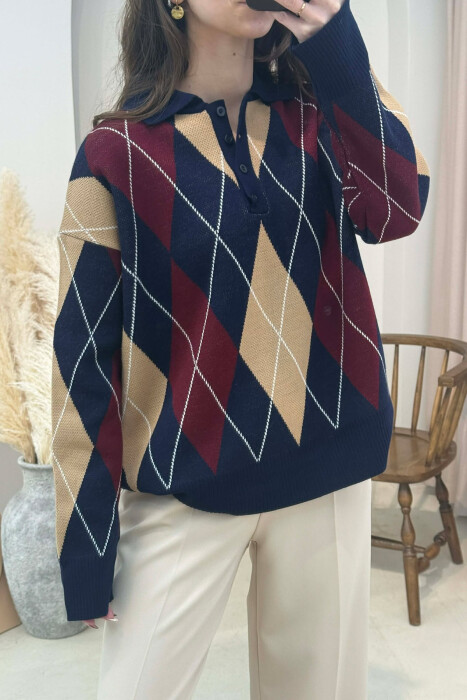 RHOMBUS DESIGN POLO BUTTONED NECK WOMEN SWEATER BLUE/BLU - KLAUDIO FASHION