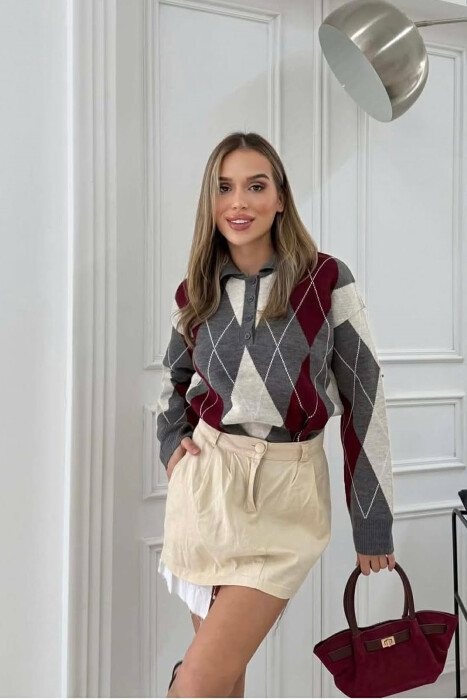 RHOMBUS DESIGN POLO BUTTONED NECK WOMEN SWEATER GREY/GRI - 2