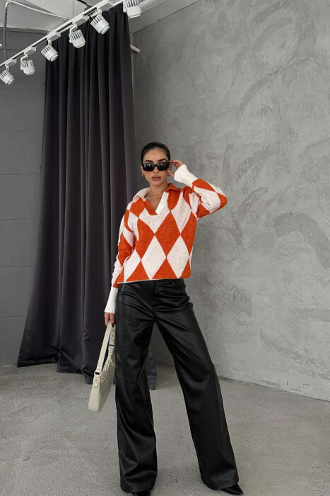 RHOMBUS DESIGN POLO NECK WOMEN SWEATER ORANGE/PORTOKALLI 