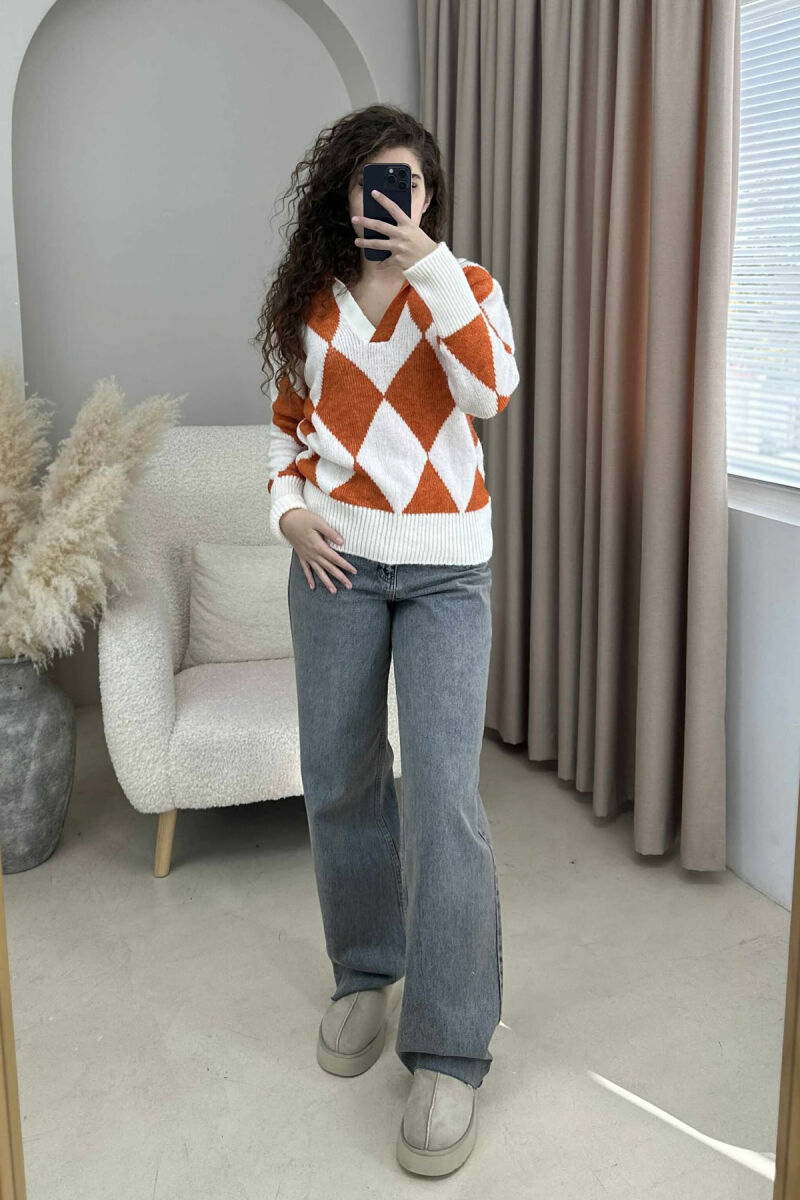 RHOMBUS DESIGN POLO NECK WOMEN SWEATER ORANGE/PORTOKALLI - 1