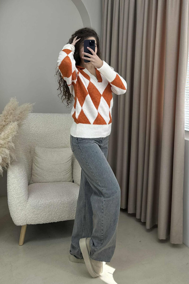RHOMBUS DESIGN POLO NECK WOMEN SWEATER ORANGE/PORTOKALLI - 2