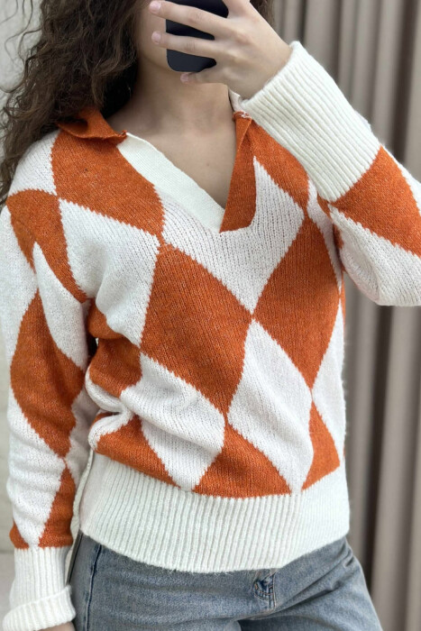 RHOMBUS DESIGN POLO NECK WOMEN SWEATER ORANGE/PORTOKALLI - 4