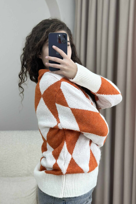 RHOMBUS DESIGN POLO NECK WOMEN SWEATER ORANGE/PORTOKALLI - 3