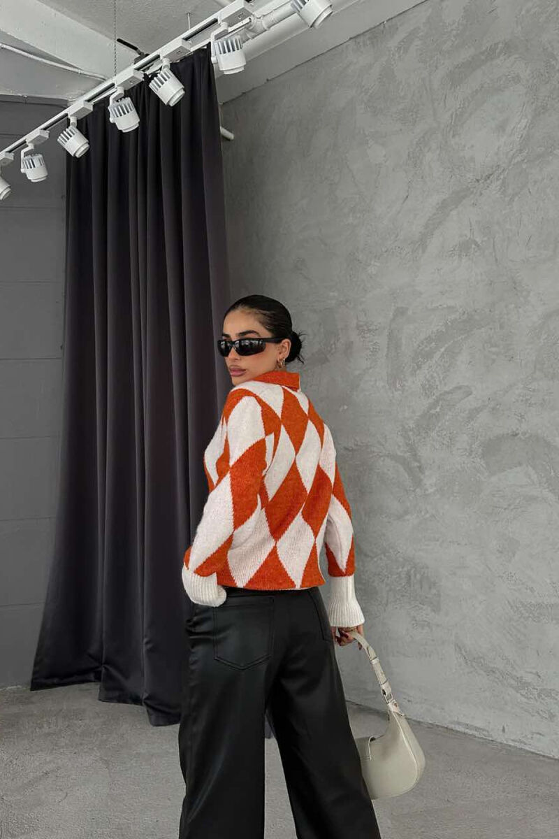 RHOMBUS DESIGN POLO NECK WOMEN SWEATER ORANGE/PORTOKALLI - 4