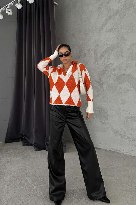 RHOMBUS DESIGN POLO NECK WOMEN SWEATER ORANGE/PORTOKALLI - 5