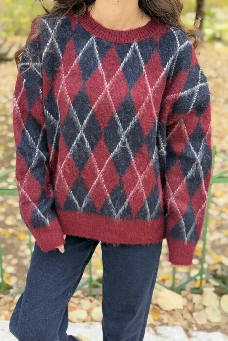 RHOMBUS DESIGN ROUND NECK WOMEN SWEATER BURGUNDY-BLUE/VISHNJE-BLU - 4