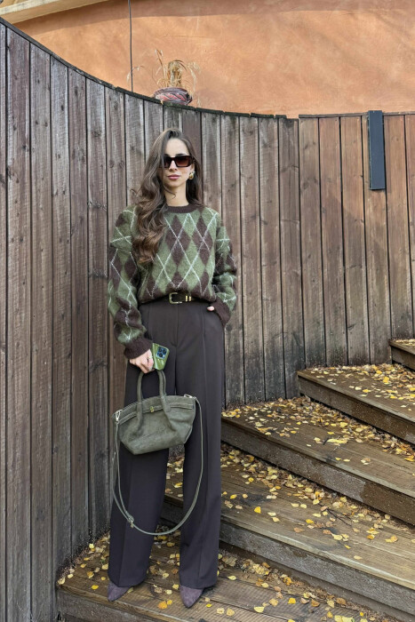 RHOMBUS DESIGN ROUND NECK WOMEN SWEATER GREEN-BROWN/JEKA 