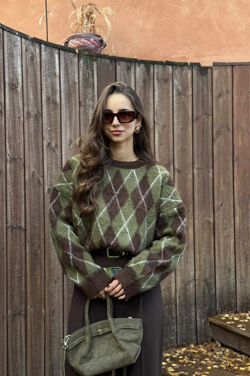 RHOMBUS DESIGN ROUND NECK WOMEN SWEATER GREEN-BROWN/JEKA - 3