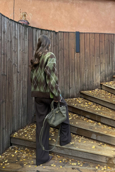 RHOMBUS DESIGN ROUND NECK WOMEN SWEATER GREEN-BROWN/JEKA - 2