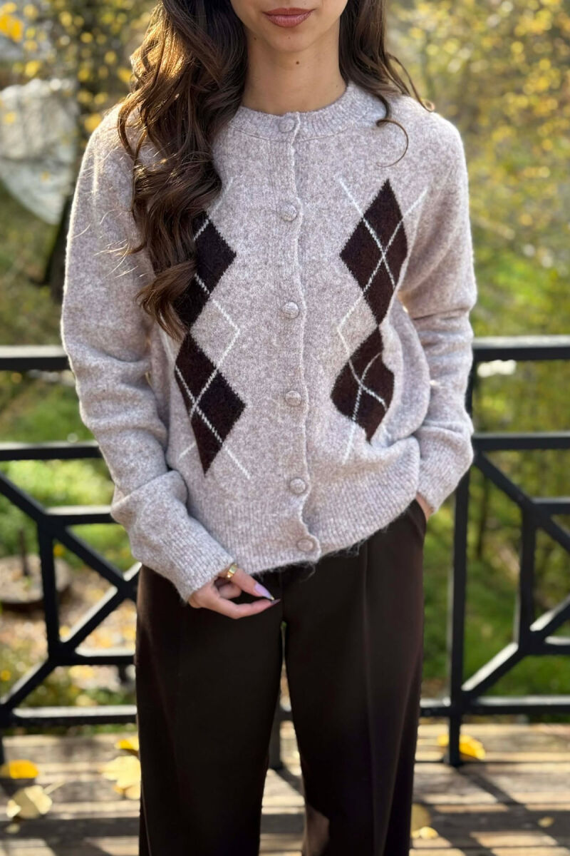 RHOMBUS DESIGN SIMPLE WOMEN CARDIGAN BEIGE/BEZHE - 3