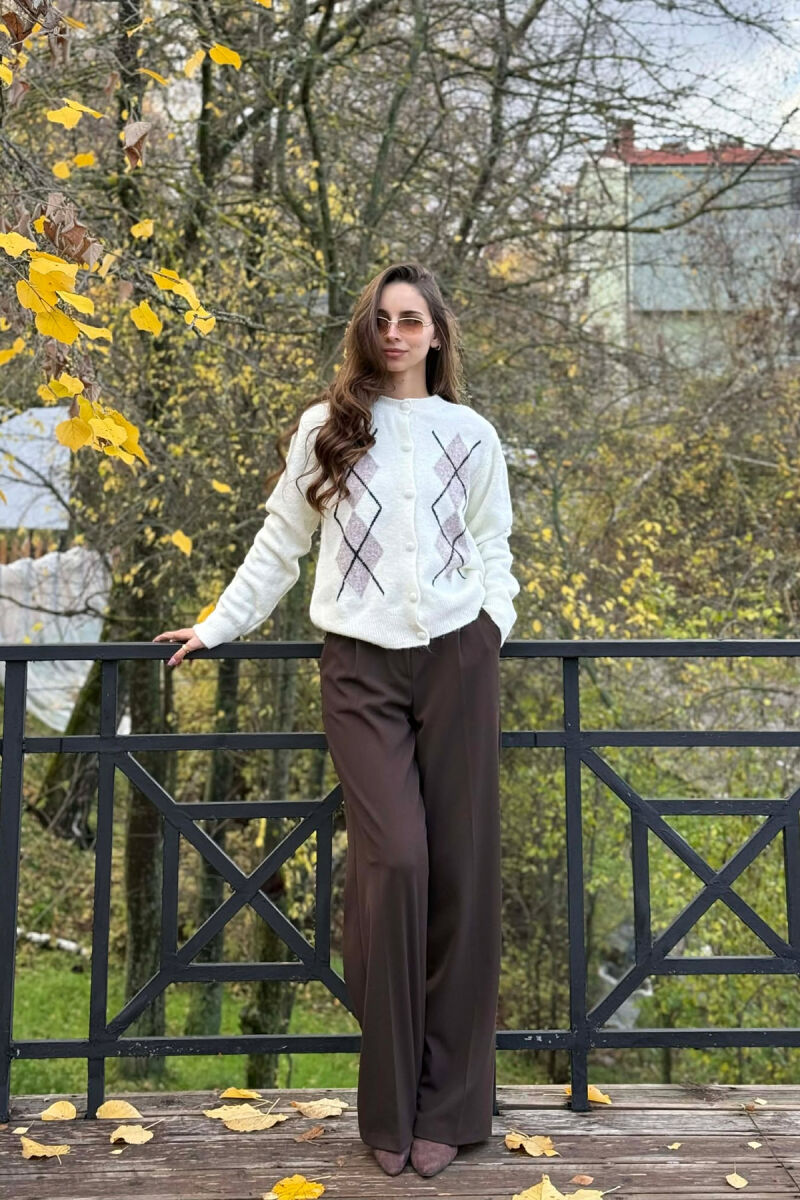 RHOMBUS DESIGN SIMPLE WOMEN CARDIGAN CREAM/KREM - 1